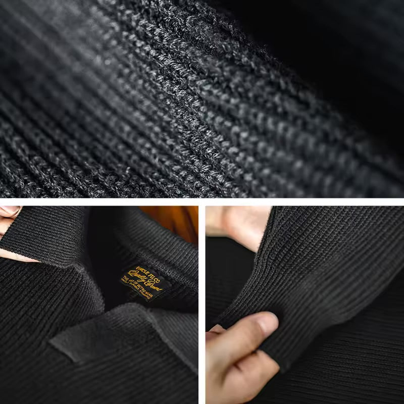 A stylish black ribbed knit sweater