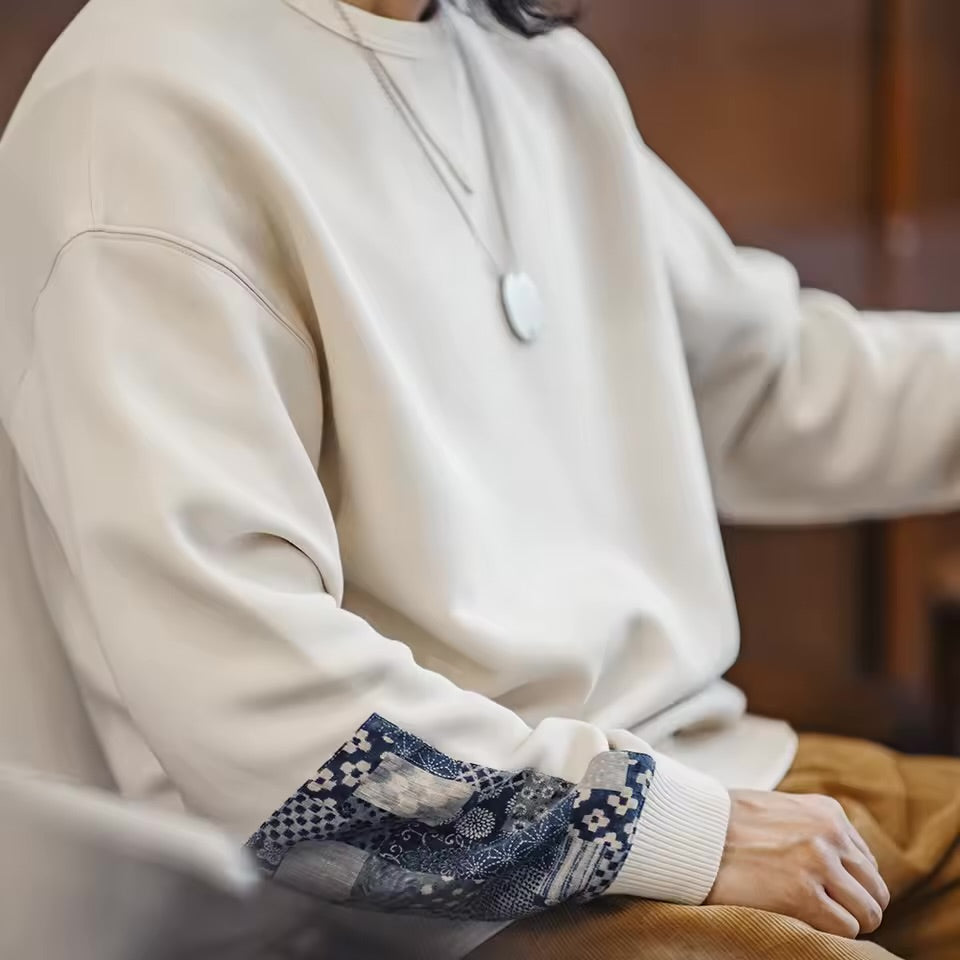 Patterned-sleeves crewneck sweatshirt