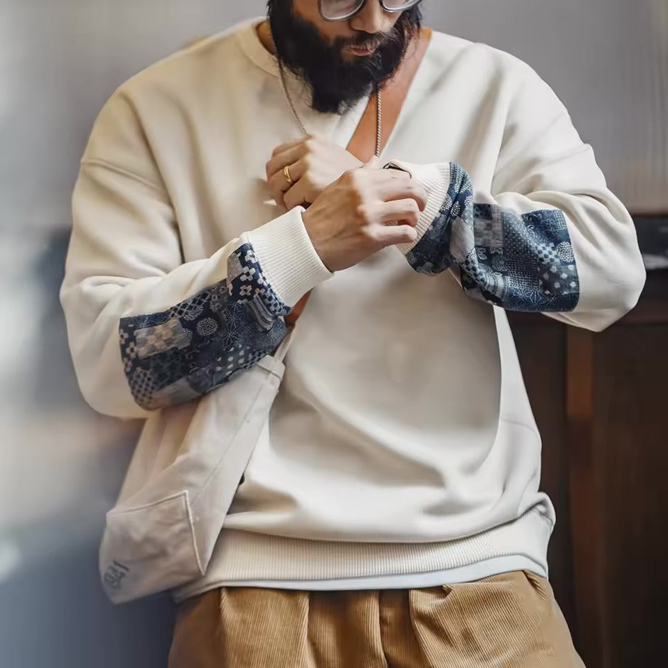 Patterned-sleeves crewneck sweatshirt